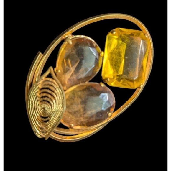 Vintage Gold-Tone Brooch With Yellow & Amber Glass Stones made in Germany - Picture 1 of 9